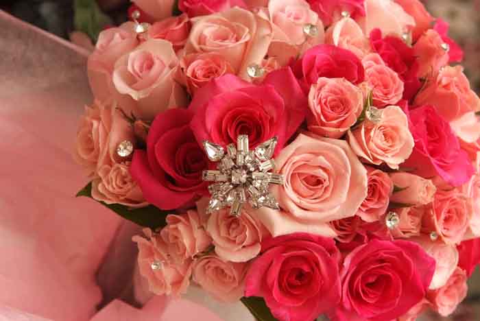 pink rose centerpieces with crystal details